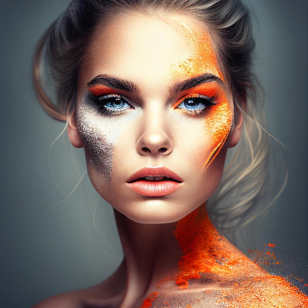 Generative AI를 사용한 예술적 표현 스톡 이미지로 주황색 페인트로 뒤덮인 활기찬 여성