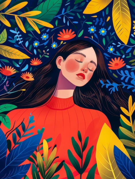 Vibrant woman illustration with floral decor