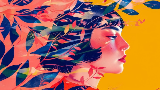 Vibrant woman illustration with floral decor