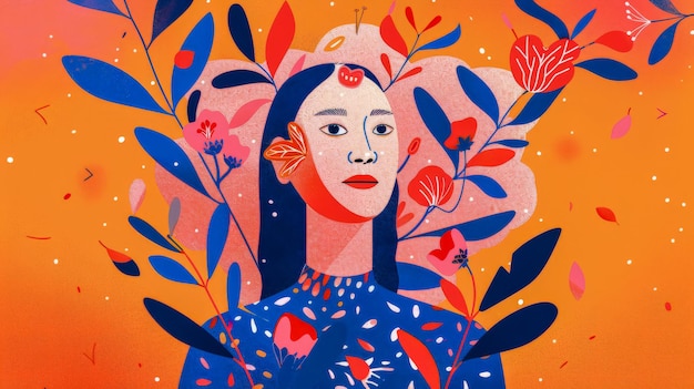 Vibrant woman illustration with floral decor