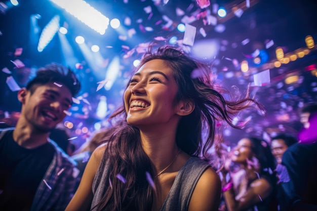 Vibrant woman shines with energy and joy in dynamic night club ambiance