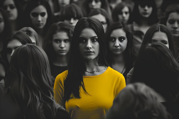 A vibrant woman stands out amidst a monochrome crowd radiating individuality Concept Individuality Monochrome vs Vibrant Standing Out Radiating Confidence Embracing Uniqueness