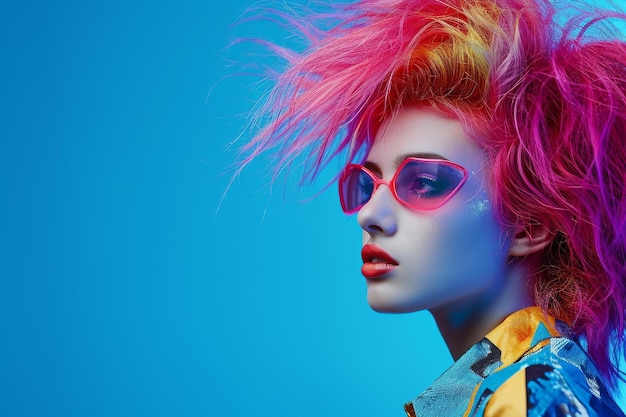 Photo a vibrant woman with bright pink hair wearing sunglasses poses for a photo a riotous hairstyle from the 80s complete with hair spray and bold colors ai generated