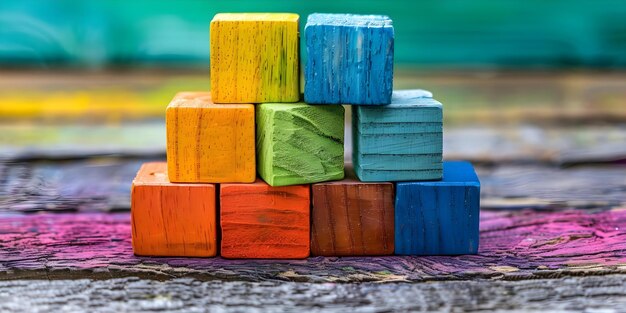 Foto blocchi di legno vibranti impilati nello spettro dell'arcobaleno che rappresentano la crescita e la diversità concept rainbow blocks diversity growth giocattoli di legno impilamento colorato