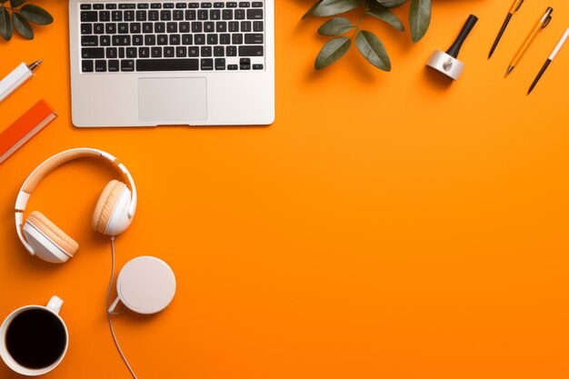 Vibrant workspace essentials a creative flat lay on an orange backdrop with abundant copy space