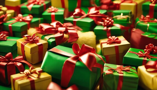 A vibrant yellow background featuring a pattern of red and green gift boxes