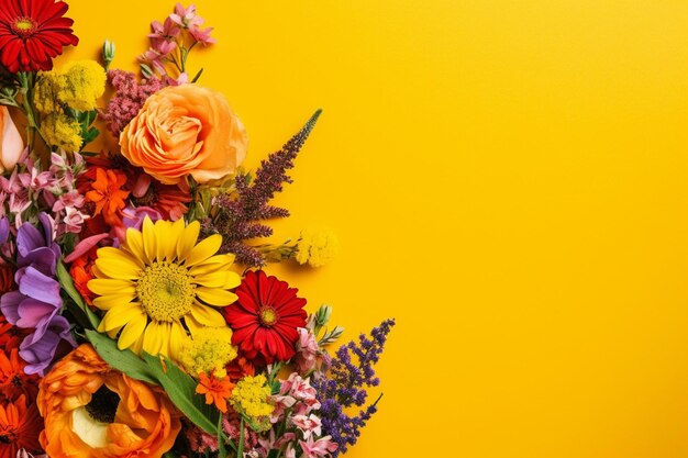 A vibrant yellow background with an assorted flower border