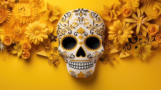 a vibrant yellow background with a central papel picado design featuring colorful skull motifs