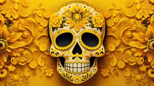 A vibrant yellow background with a central papel picado design featuring colorful skull motifs