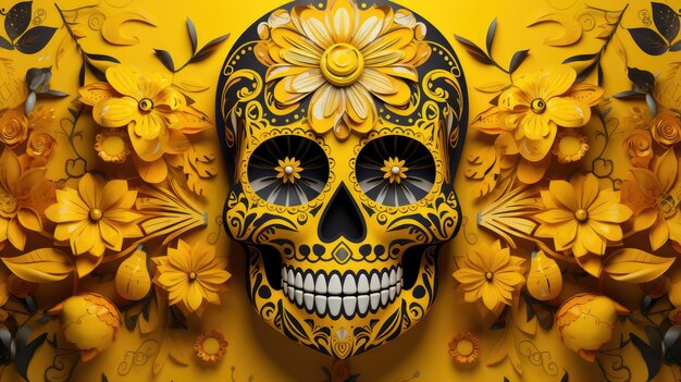 A vibrant yellow background with a central papel picado design featuring colorful skull motifs