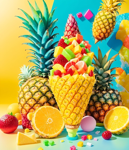 A vibrant yellow background with a pineapple leaftopped ice cream cone