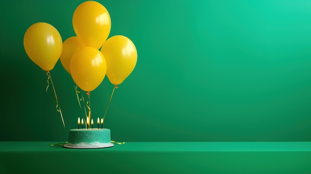 Vibrant yellow balloons elevate above a sparkling green cake with lit candles illustrating a lively