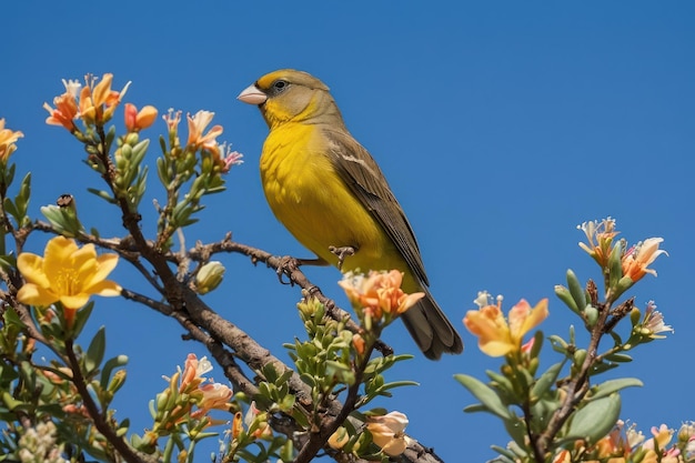 Желтая птица среди цветов