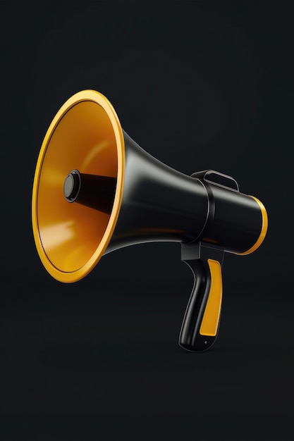 Photo a vibrant yellow and black megaphone against a dark backdrop perfect for communication and announcement concepts