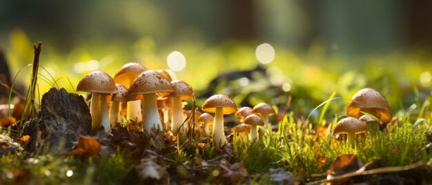 Vibrant yellow boletus mushrooms in a forest clearing