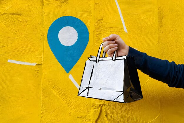 Foto vibrante tela gialla con spillo blu e borsa da asporto a mano vibrazioni di comodità di consegna