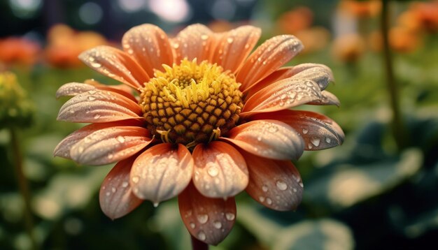 A vibrant yellow daisy blossom glistens with raindrop dew generated by artificial intelligence