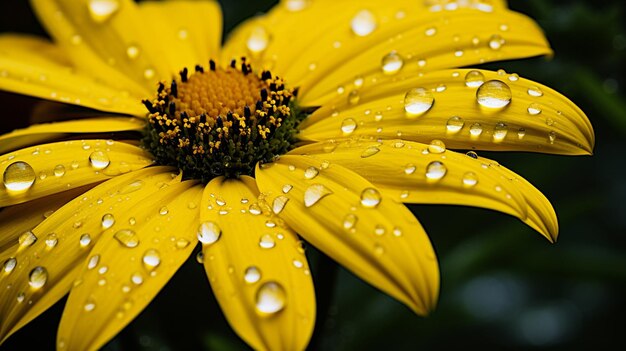 写真 緑の草の上に露が落ちる鮮やかな黄色のデイジーの花びら