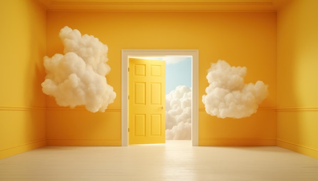 A vibrant yellow door surrounded by several fluffy clouds creating a cheerful backdrop