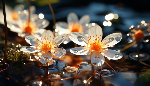 Vibrant yellow flower reflects in tranquil pond showcasing nature beauty generated by artificial intellingence