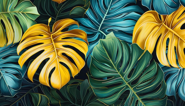 Vibrant yellow and green leaves painting on black background