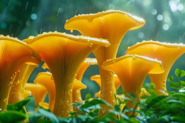 Vibrant Yellow Mushrooms Thriving in Misty Forest Undergrowth with Sunbeams Peeking Through