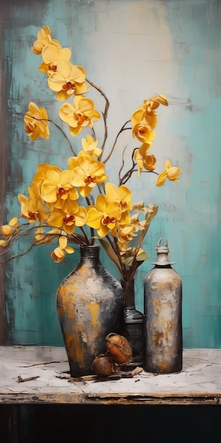 Vibrant Yellow Orchids in Antique Metallic Vases A Perfect Blend of Artistry and Nature