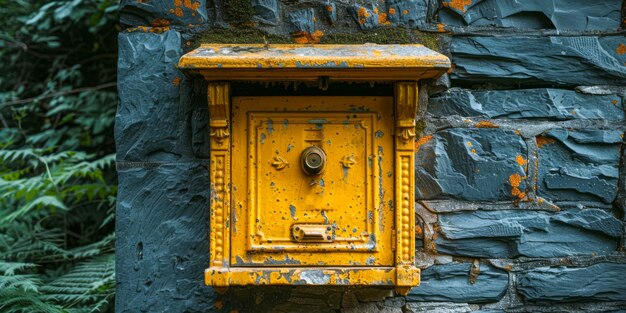 Vibrant Yellow Safe Box on Textured Stone Wall with Lichen Accents