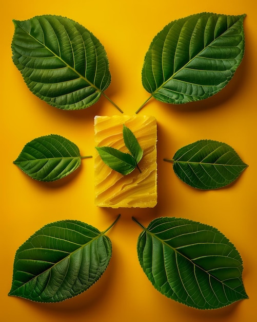 Foto sabone giallo vibrante con foglie verdi su sfondo giallo concetto di cura della pelle naturale con organico