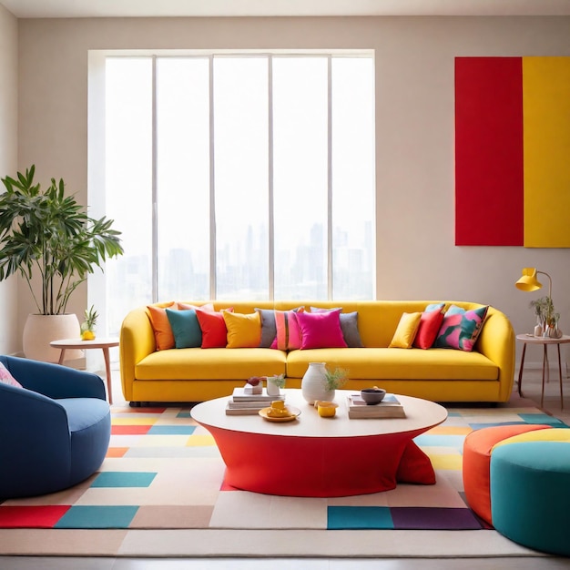 Foto divano giallo vibrante con cuscini colorati design d'interno in stile minimalista