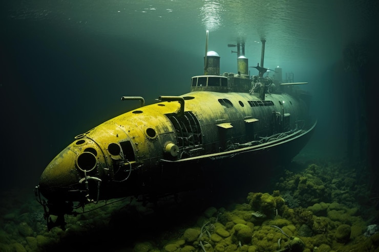 Photo a vibrant yellow submarine effortlessly glides on the waters surface showcasing its exceptional buoyancy sunken submarine ai generated
