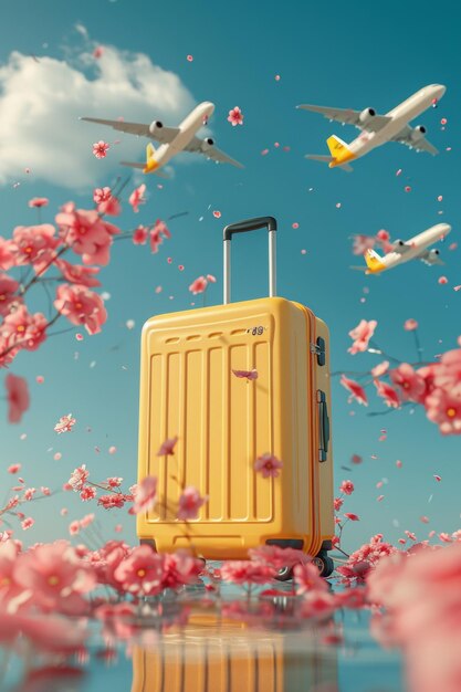 A vibrant yellow suitcase stands amidst orange flowers under a clear blue sky with a flying airplane