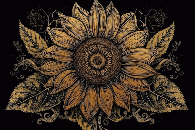 Foto girasole giallo vibrante su sfondo nero scuro ia generativa