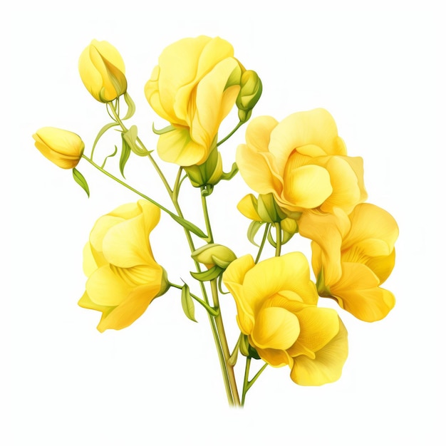 Vibrant yellow sweet pea flowers on white background