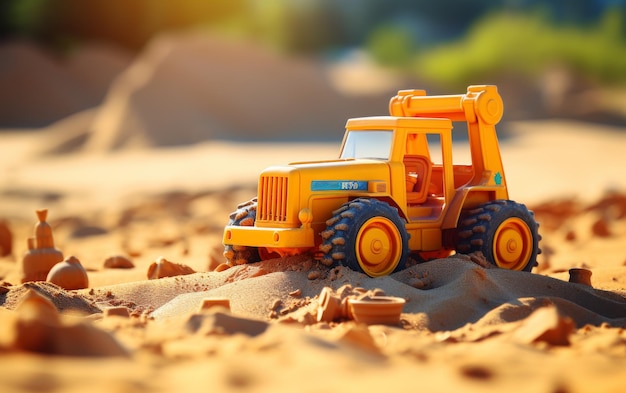 활기찬 노란색 장난감 트럭이 따뜻한  아래 부드러운 모래에 주차되어 있습니다.