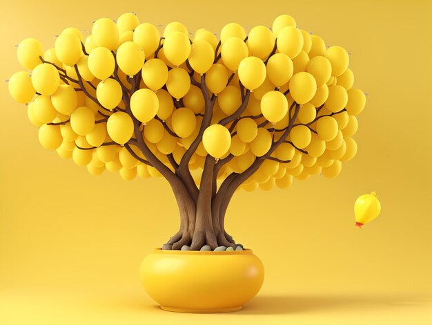 A vibrant yellow tree adorned with numerous colorful balloons