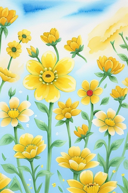 A vibrant yellow and white watercolor pattern of wildflowers dancing across a canvas of blue sky