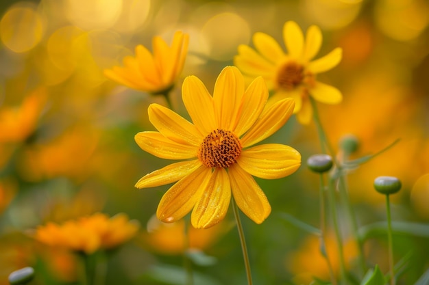 Vibrant Yellow Wildflowers Blooming in Lush Meadow with Golden Bokeh Background