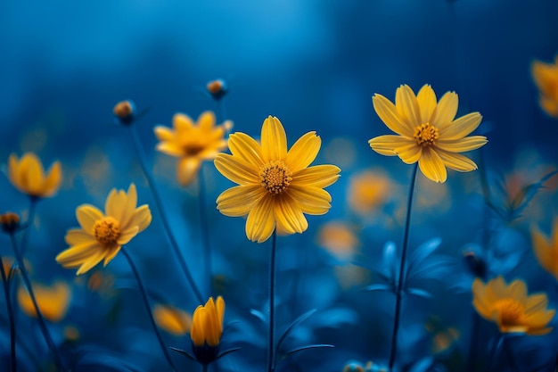 深い青い夕暮れの囲気のある草原の鮮やかな黄色い野花