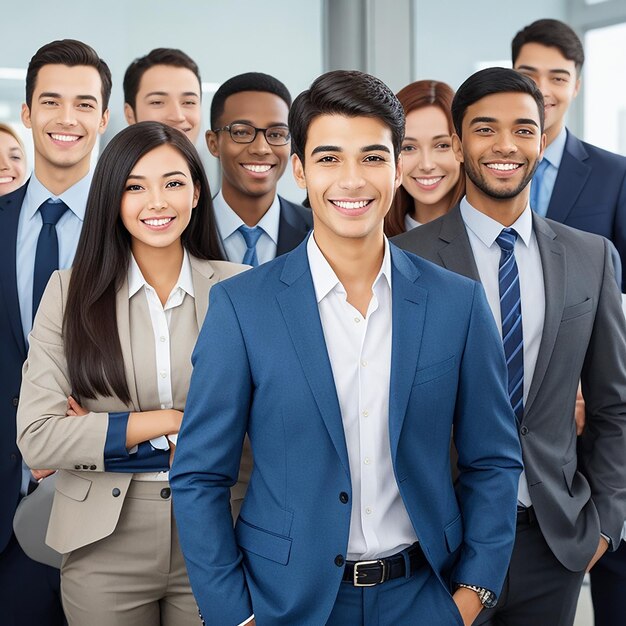 A vibrant young corporate people standing in front of a group of employee