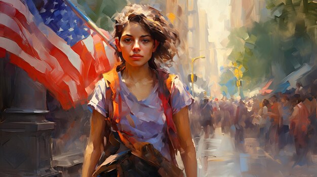 Живая молодая женщина с американским флагом и долларовыми купюрами, излучающая чистую радость и триумф.