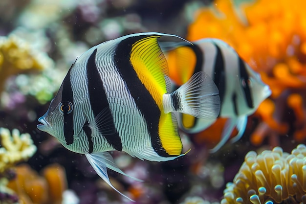 Vibrant Zebra Fish Swimming Near Colorful Coral Reef in Tropical Waters