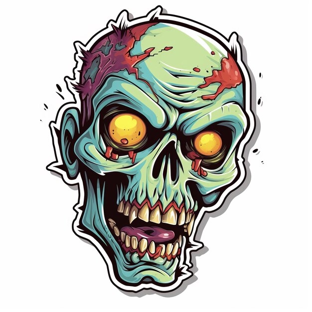 Vibrant Zombie Head Sticker With Contoured Shading And Comic Style