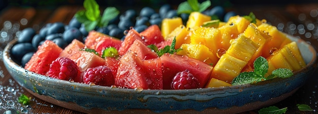 Vibrant zomer fruit bord met verse bessen en mango
