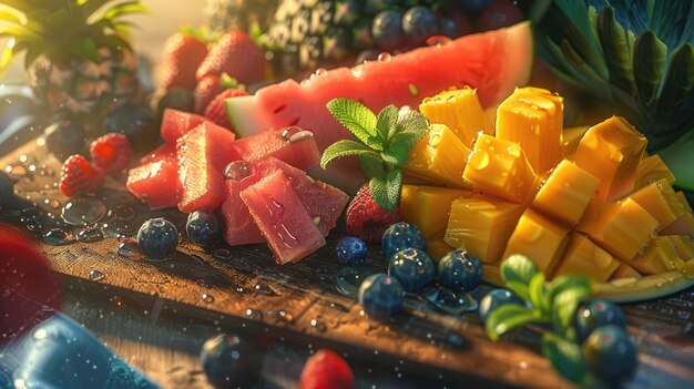 Vibrant zomer fruit bord met verse bessen en mango