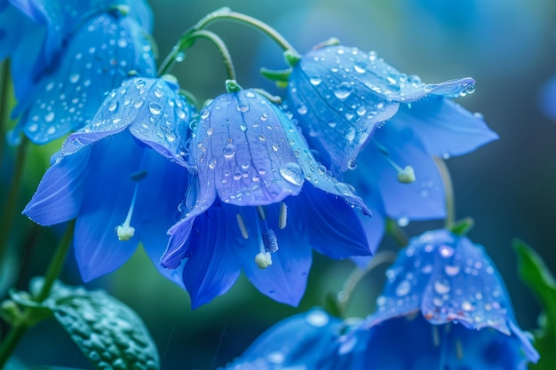 Vibrante blauwe klokbloemen met dauwdruppels op bloemblaadjes tegen zachte bokeh achtergrond Close-up van de natuur