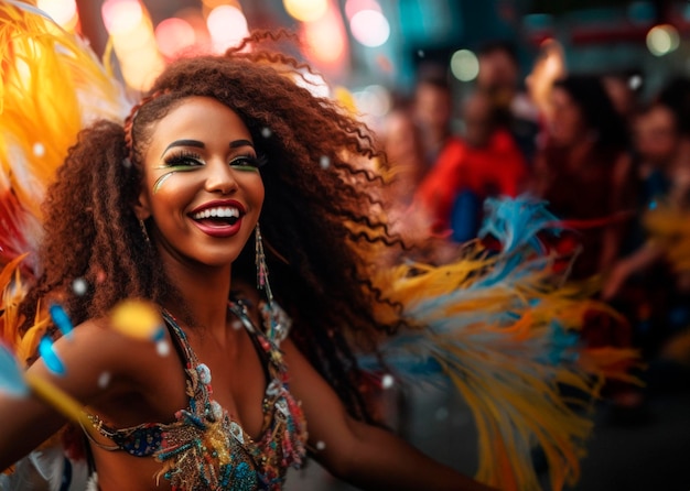 Vibrante carnavalsritmes Dansers in exotische verenkostuums op het Braziliaanse carnaval