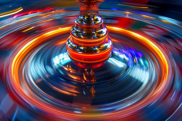 Foto vibrante lange belichting van spinning top met kleurrijke lichtsporen en motion blur