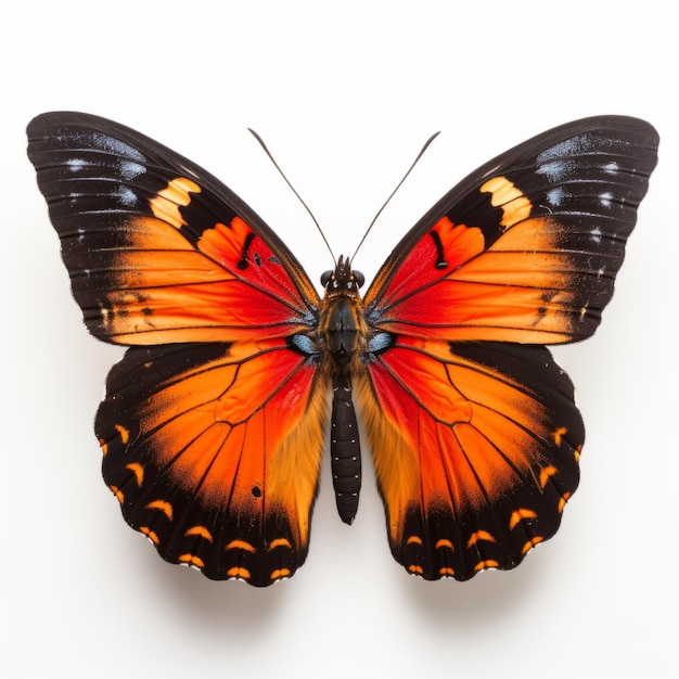 Vibrante oranje en zwarte vlinder close-up op witte achtergrond