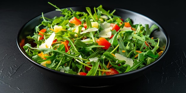 Vibrante salade met arugula kaas op een slanke zwarte achtergrond, veel lege ruimte.